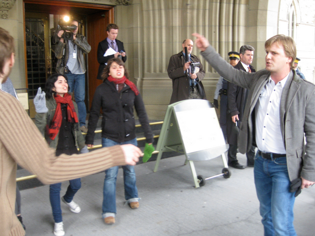 NDP's Joe Cressy (right) leading the rabble at Parliament in 2009...